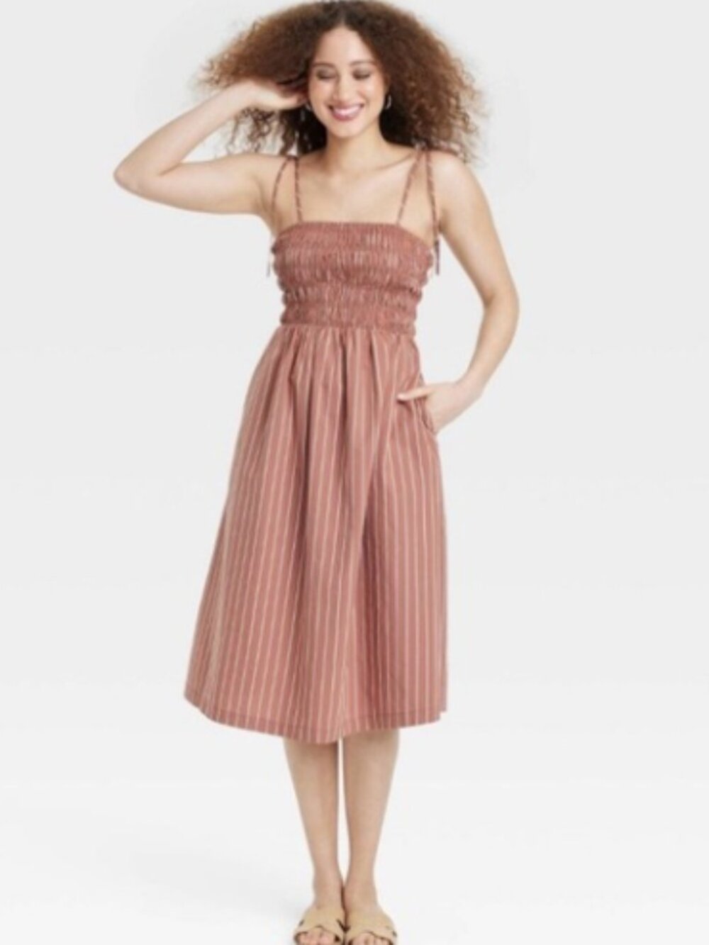 Women's Midi Clay Brown Striped Smocked Sundress